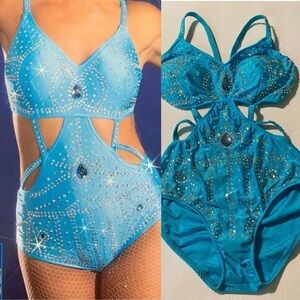 Glamour solo dance costume 5677 rhinestone embellished aqua blue leotard SA